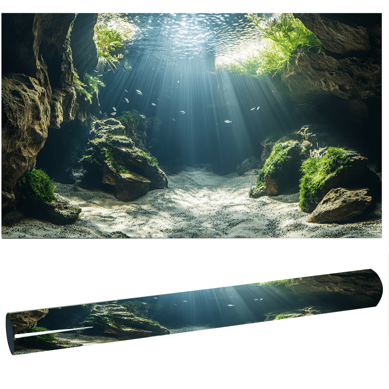 Aquarium-Hintergrund Unterwasserhöhle 120 X 45 Cm – Vinyl, Mit Moos & Sonnenstrahlen, Für Terrarien