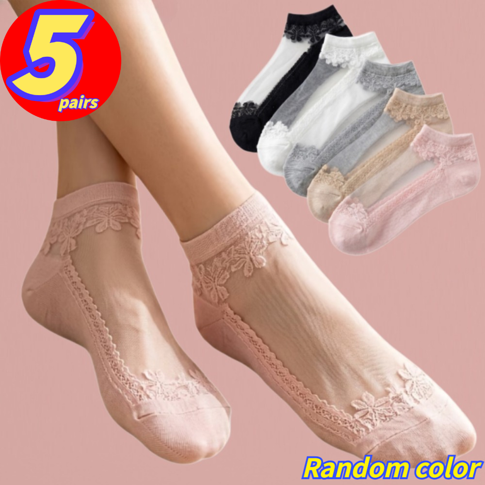 TEMU Lot de 5 paires - Chaussettes courtes en dentelle transparente aléatoires, légères, respirantes et rafraîchissantes, non étouffantes, adaptées à