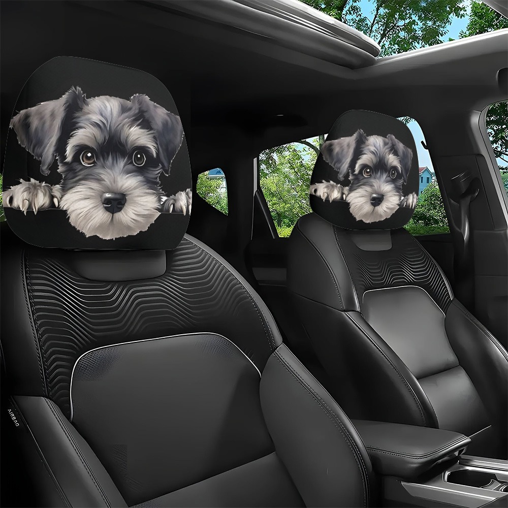 TEMU 2pcs Schnauzer Cute Print Car Headrest Covers, Enhancing Fun, Seat Headrest Protector Fashionable And Fun Interior Decor, Universal Fit Long