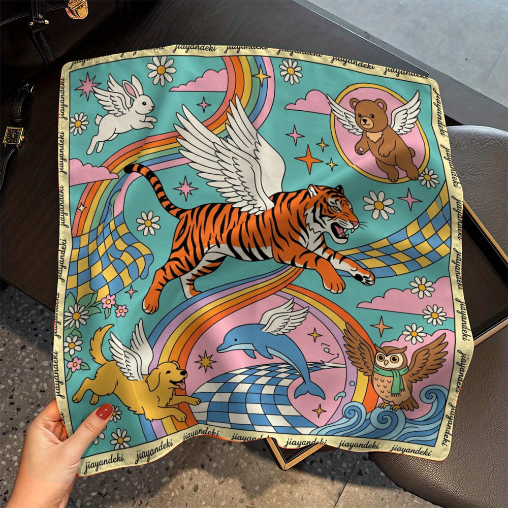 TEMU 1pc 35.4/17.7inch Tiger Animal And Geometric-retro Surreal Colorful Scarf, Used As A Headscarf, Hairband, Everyday Outfits, Beach Parties, And
