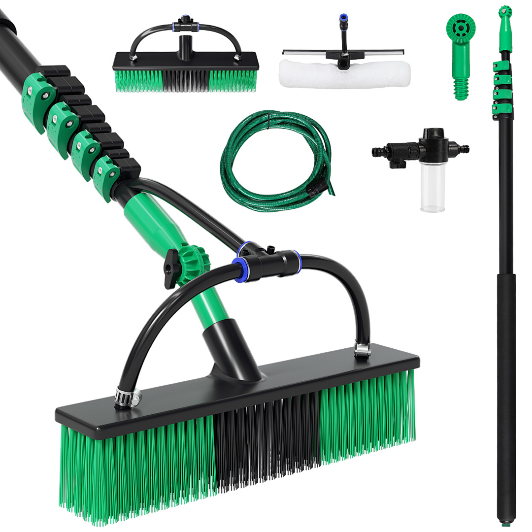 Image of Telescopic Cleaning Brush With Water Connection, 3.6m Extendable Pole, Window Squeegee Scrubbing Combo, Aquaclean Water Broom, For Patio Glass Solar Panel Pool, High Reach Outdoor Cleaner