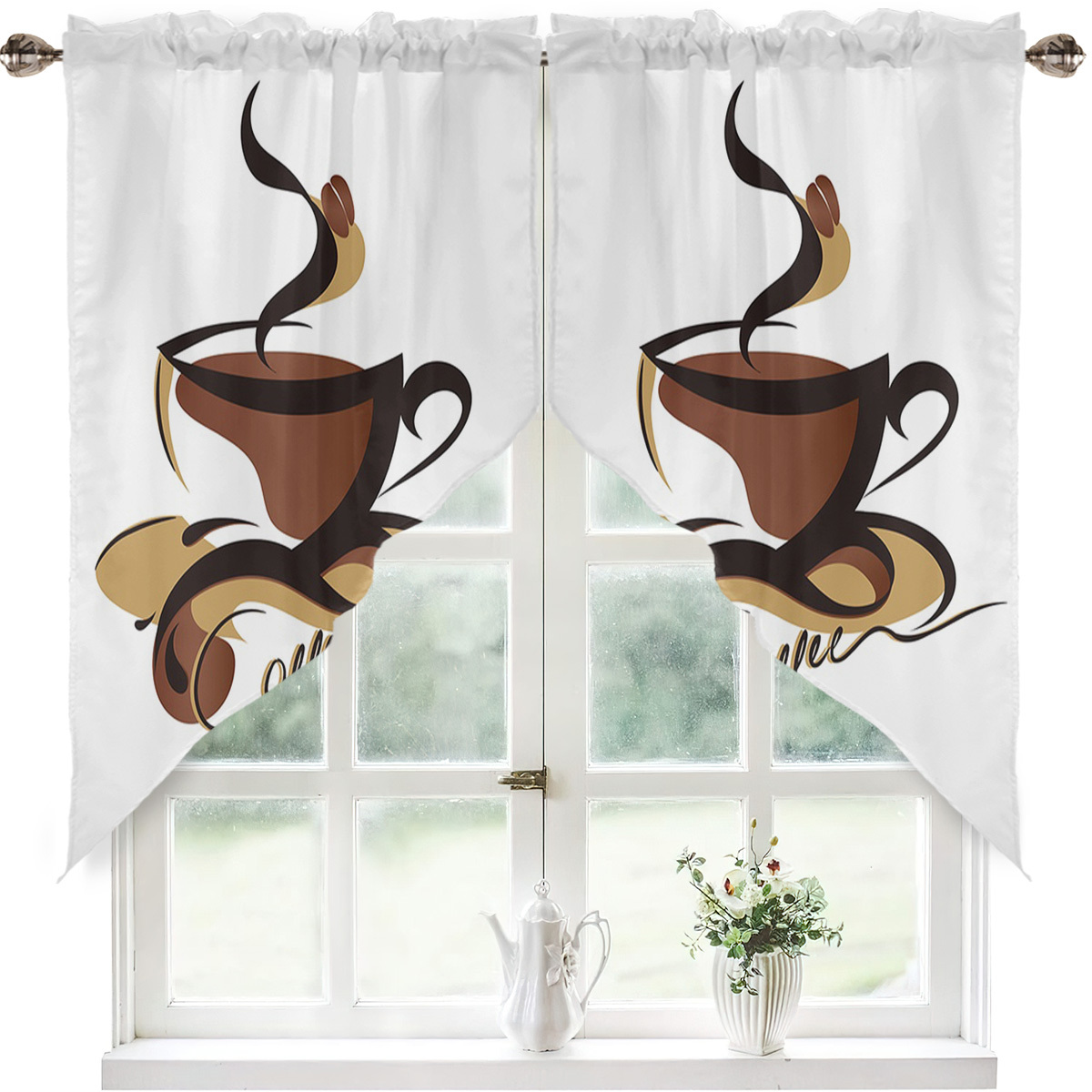 TEMU 2 Stück Kaffeetassen- und Bohnenmuster Moderne Kleine Dreiecksgardinen, Küchengardinen für Wohnungsdekoration im modernen Stil, Fensterdeko für