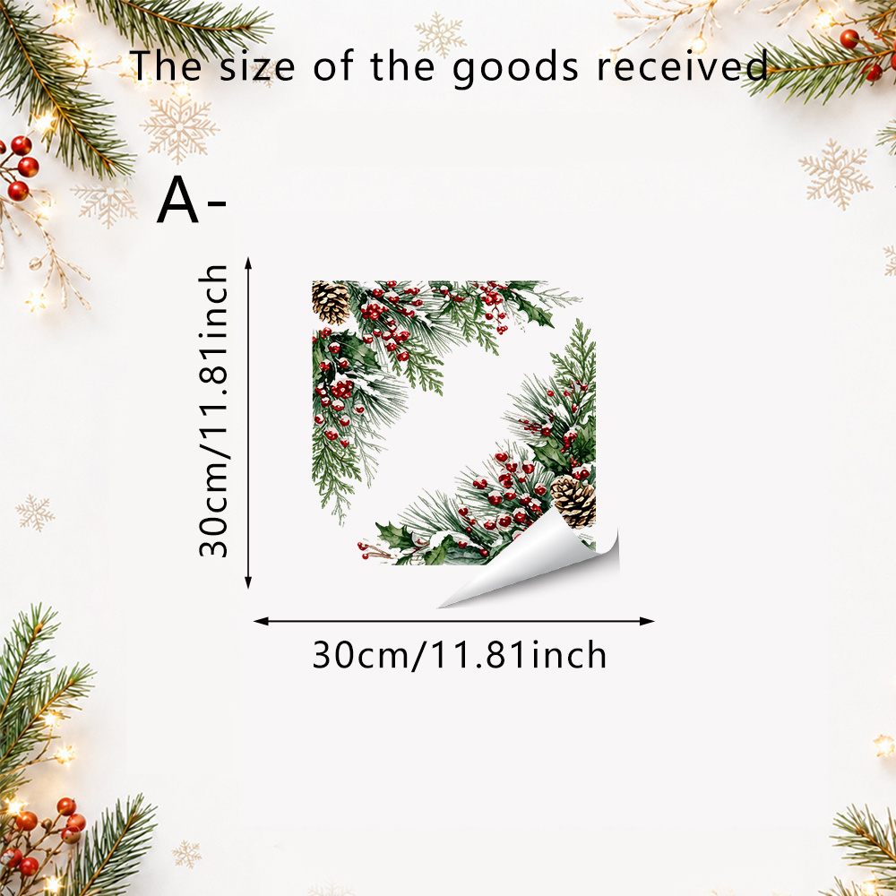 TEMU 1pc Christmas Clings, Pine Branch Berry And Glass Decals For Decor, Static Cling Reusable No Glue No Residue Double-sided Stickers For Windows