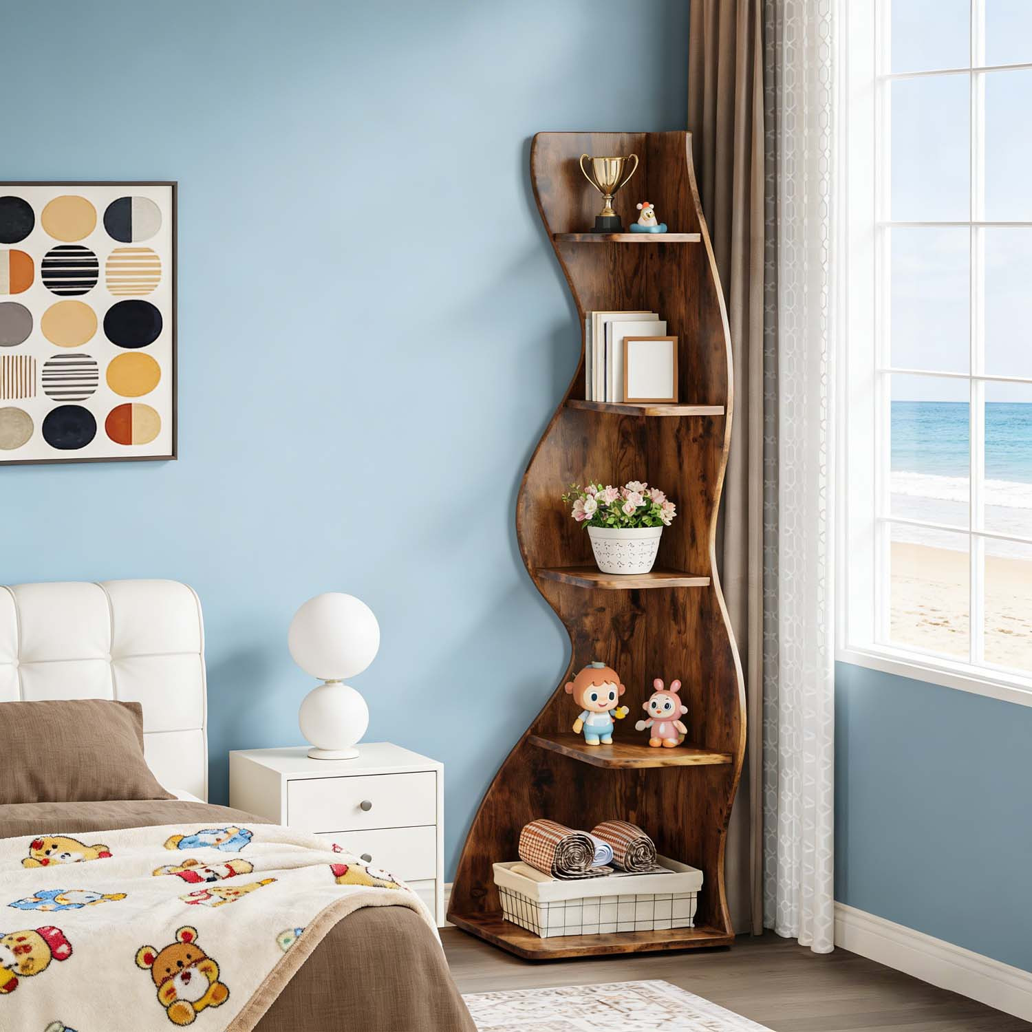 TEMU Étagère d'angle murale moderne 1 pièce à 5 niveaux avec espace incurvé encombrant - Étagère d'angle autoportante adaptée pour salon, bureau à