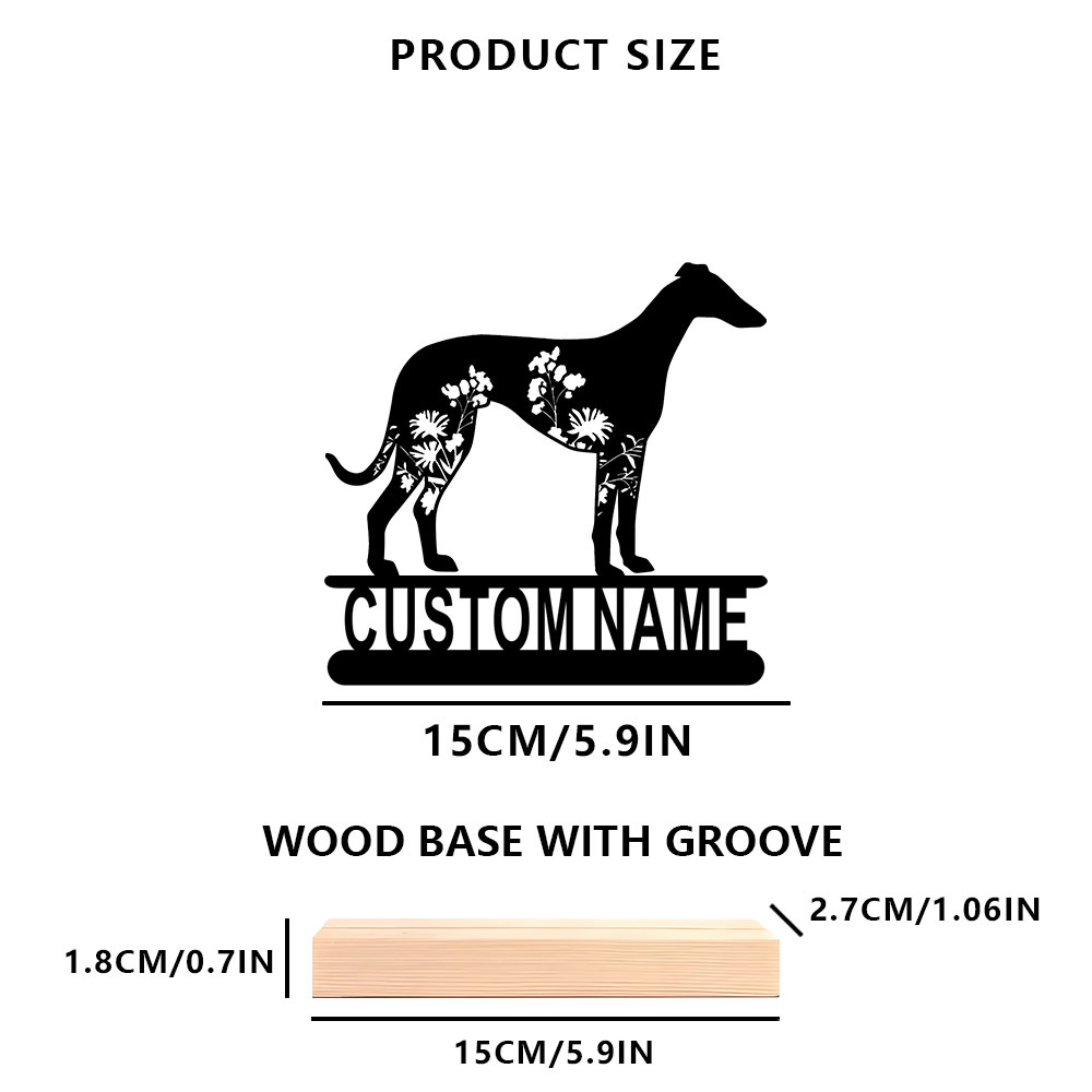 TEMU [collectible Figurines] 1pc Personalized Greyhound Dog Silhouette Metal Desktop Decor With Wooden Base Custom Name Sign Office Gift For Dog