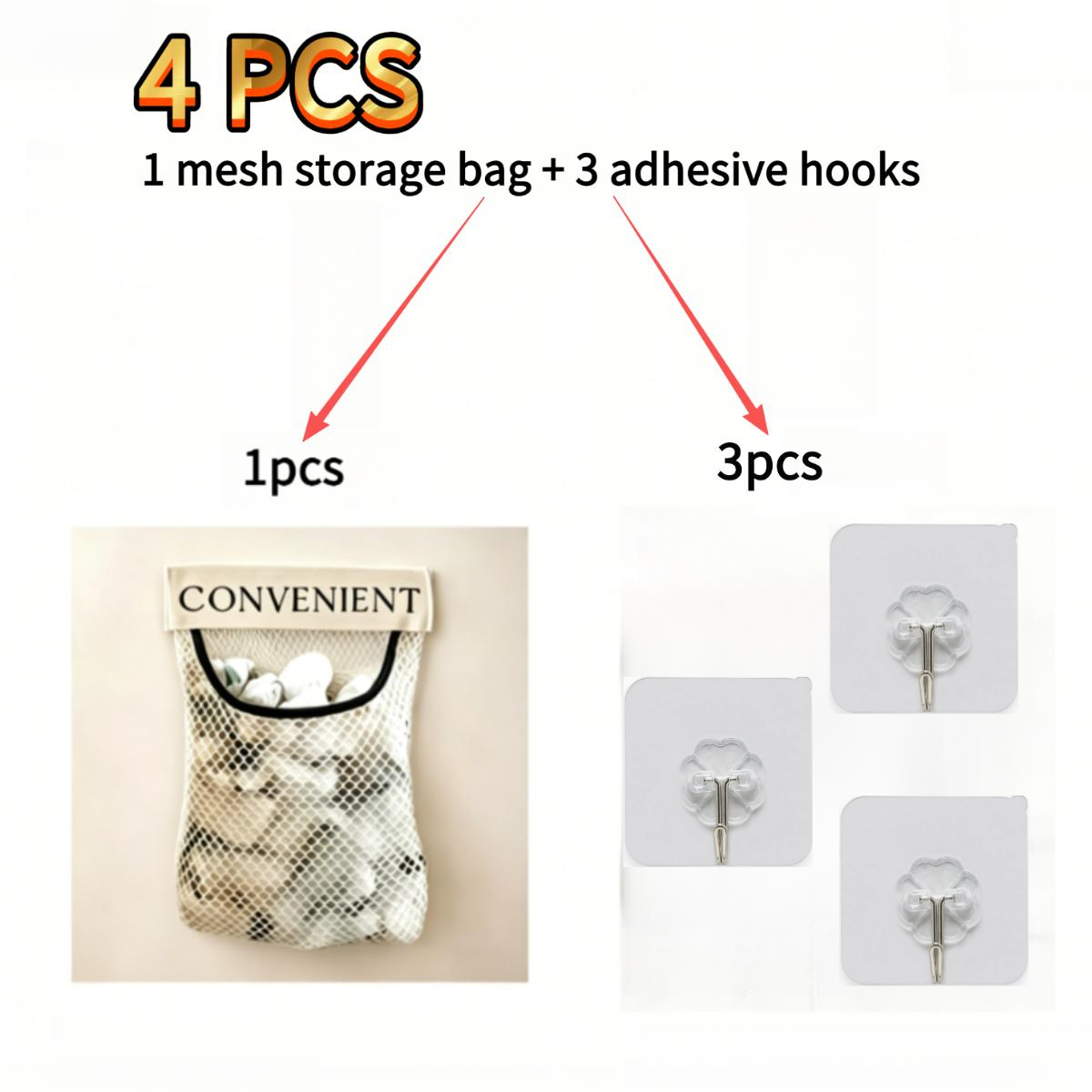 TEMU 4 pezzi (1 sacchetto a rete e 3 ganci adesivi) Sacchetto a rete da cucina di grande capacit�, riutilizzabile da appendere alla porta, organizer
