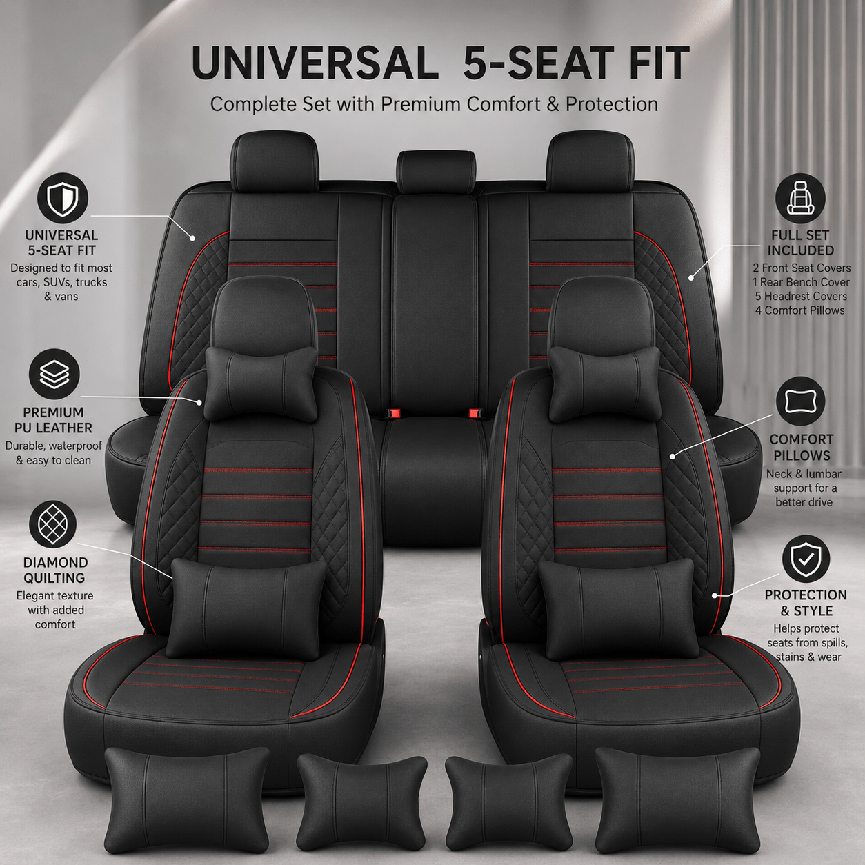 TEMU Full Set Car Seat Covers, Faux Leather Front And Rear Seat Covers With Stretch Wrap Design, Fit For Most Sedans, Auto Interior Additions For