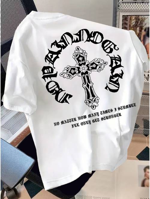 Trendy Men's T-Shirt in American Style Featuring an English Cross Design, Perfect for Outdoor Activities, Plus Size