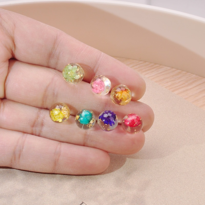 Resin Glass Ball Stud Earrings Multicolor Dried Flowers Hypoallergenic Posts