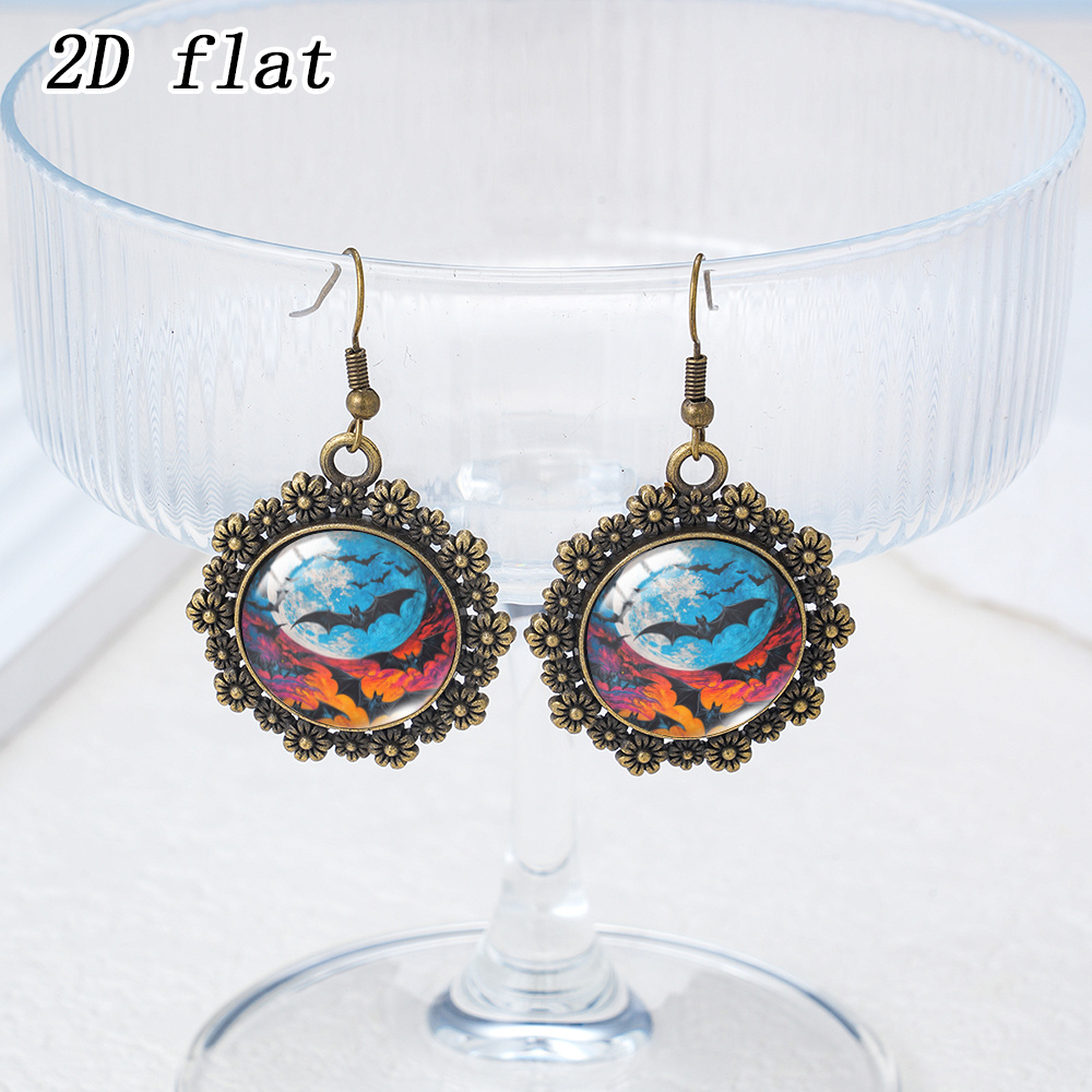Blue Tone Full Moon Night Bat Cluster Pattern Earrings