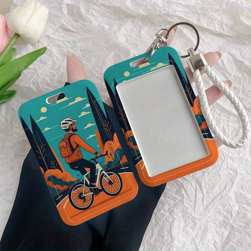 Cycling Adventure ID Badge Holder - Cyclist Card Case with Transparent Window & Lanyard, Teal Blue & Orange Cycling Pattern - Compatible with , School, Public Transit - Ideal for Nurses, , Students, Cyclists - Durable Plastic Badge Holder