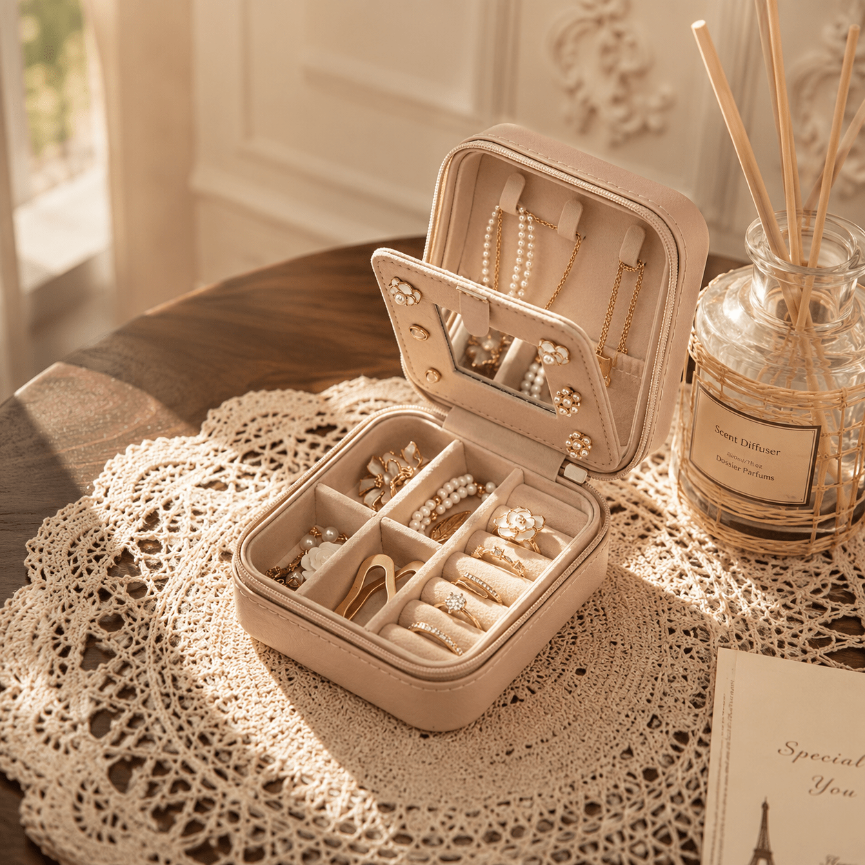TEMU 1pc Milky White Embossed Portable Jewelry Box, Top Lid With Chain Loop And Mirror Compartment, Left Side 3pcs Independent Slots And Right Side