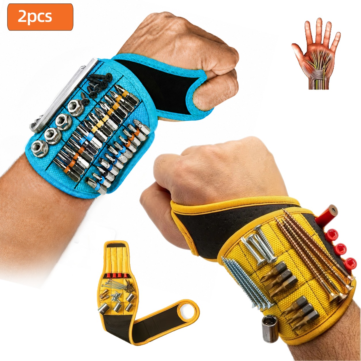 TEMU Lot de 2 bracelets porte-outils magnétiques réglables, sangles de rangement respirantes pour vis, clous, écrous et mèches de perceuse, idéaux