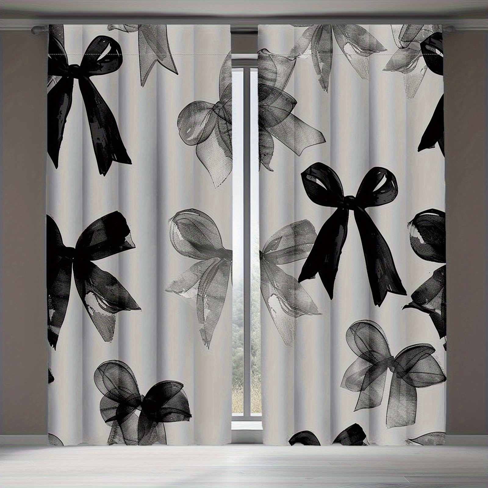TEMU 2d Flat, 2pcs 2d Flat Printing Room Curtains, 2pcs Room Curtains Elegant Gray And Black Bow Patternno Power Required Suitable For Bedroom Living