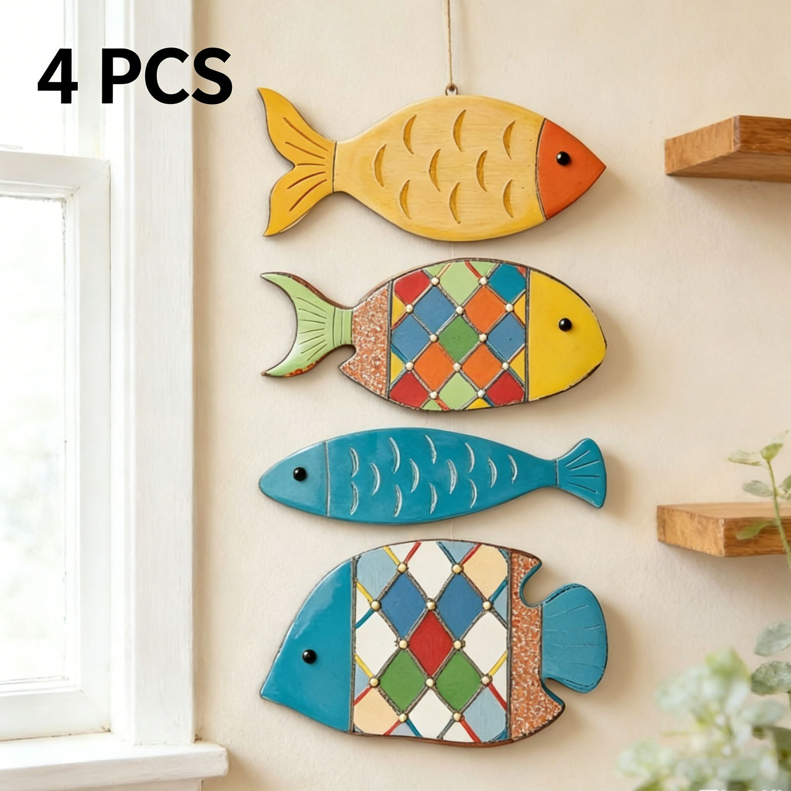 TEMU Set de Decoración de Playa 2D , 4 Piezas de Peces de Madera, Decoración de Habitación Temática de Playa, Adornos de Escultura Colgantes de Pared