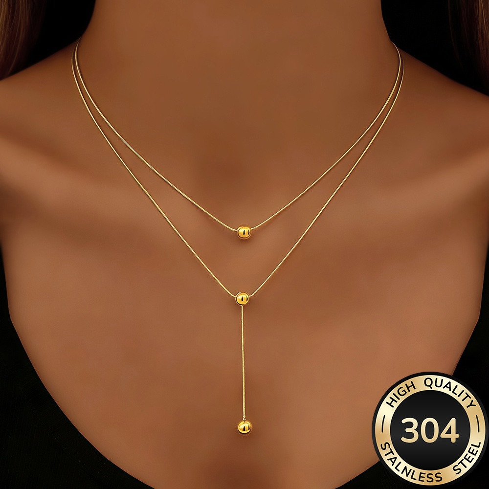 TEMU Collar de moda de de acero inoxidable en capas de Y dorado/plateado, collar largo para mujer, accesorio de moda para mujer, material de acero