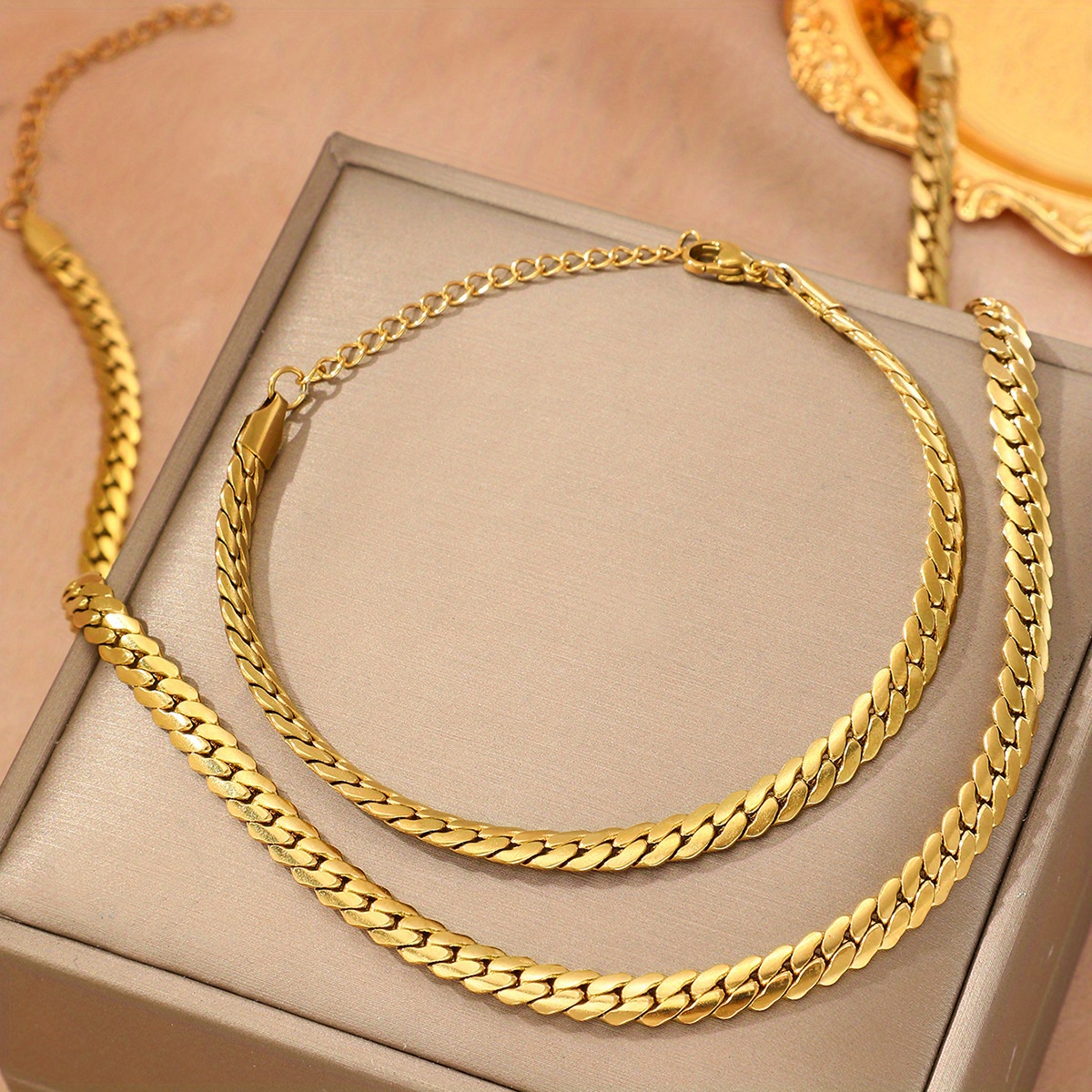 TEMU Collier et bracelet en chaîne cubaine plaquée en acier inoxydable de haute qualité avec chaîne plate en os de , ensemble hypoallergénique pour
