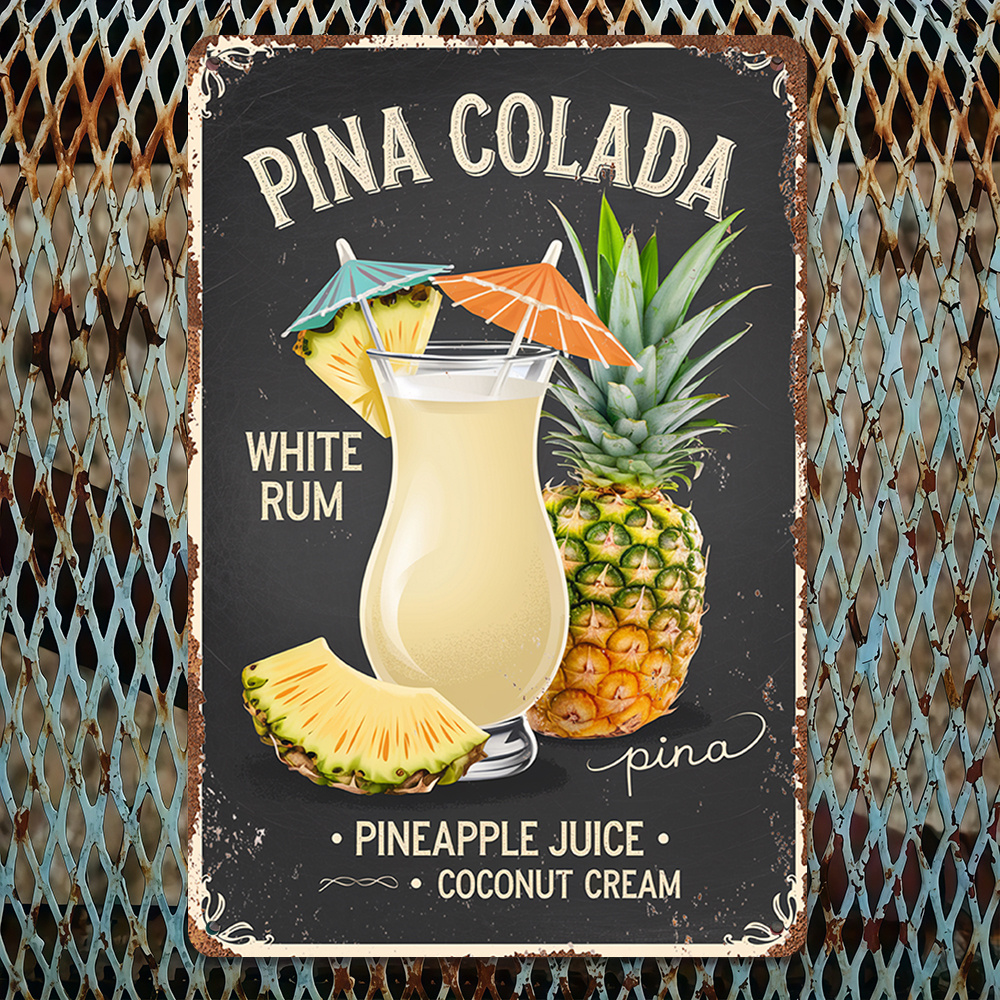 TEMU 2d Flat - A Vintage- Sign Featuring A 2d Flat Design Of A Pina , Made From Aluminum. It Showcases A And Pineapple Motif, Making It Perfect For