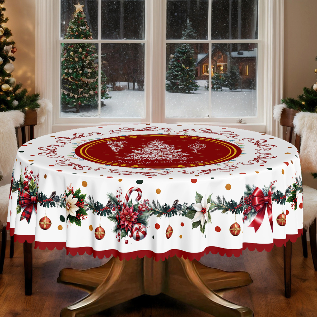 TEMU Nappe plate 2D, 1 pièce, nappe de fête sur le thème , à motif floral avec nœud à carreaux , poinsettia, sapin de Noël, boule de Noël, avec bords