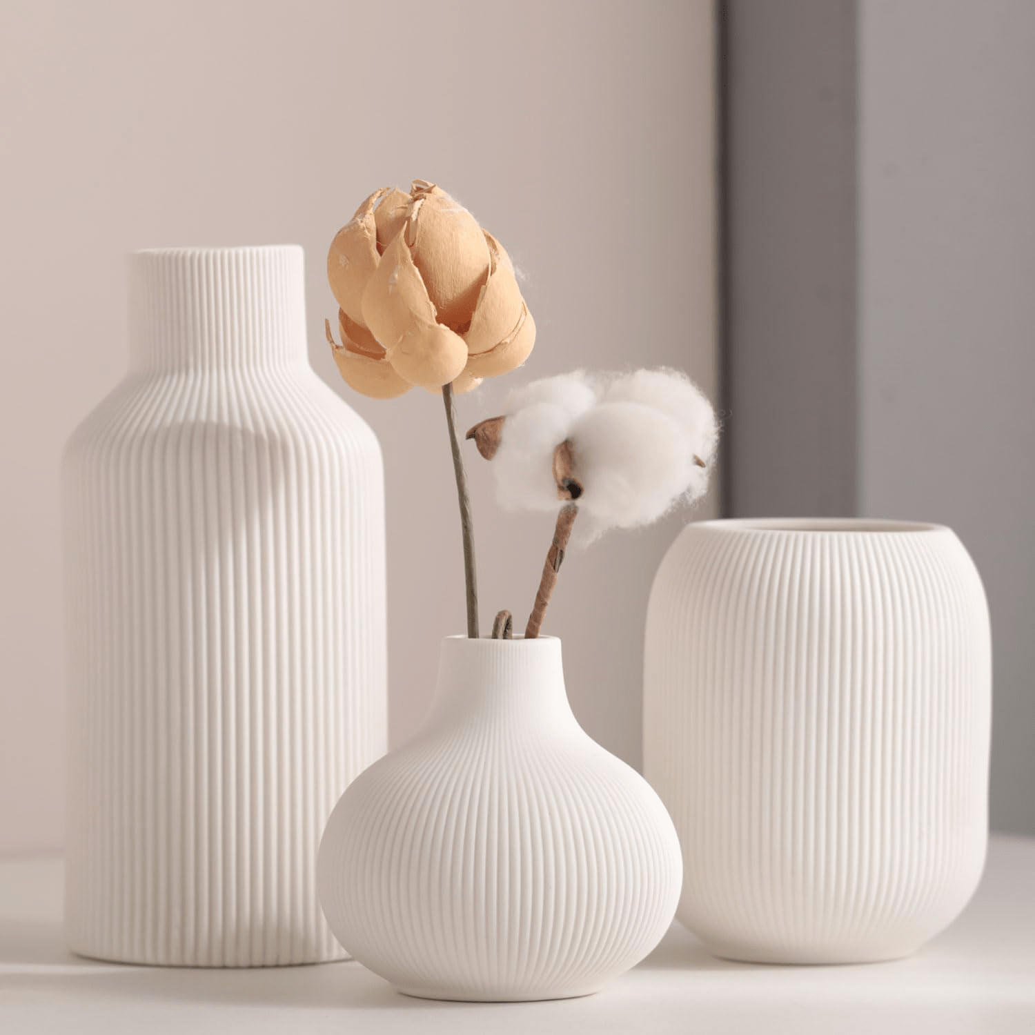 E-shop 3er-Set Keramikvasen - Moderne Minimalistische Dekorvasen für Blumensträuße, Pampasgras & Trocken-/Frischblumen - Weiß, Zylinderform, für