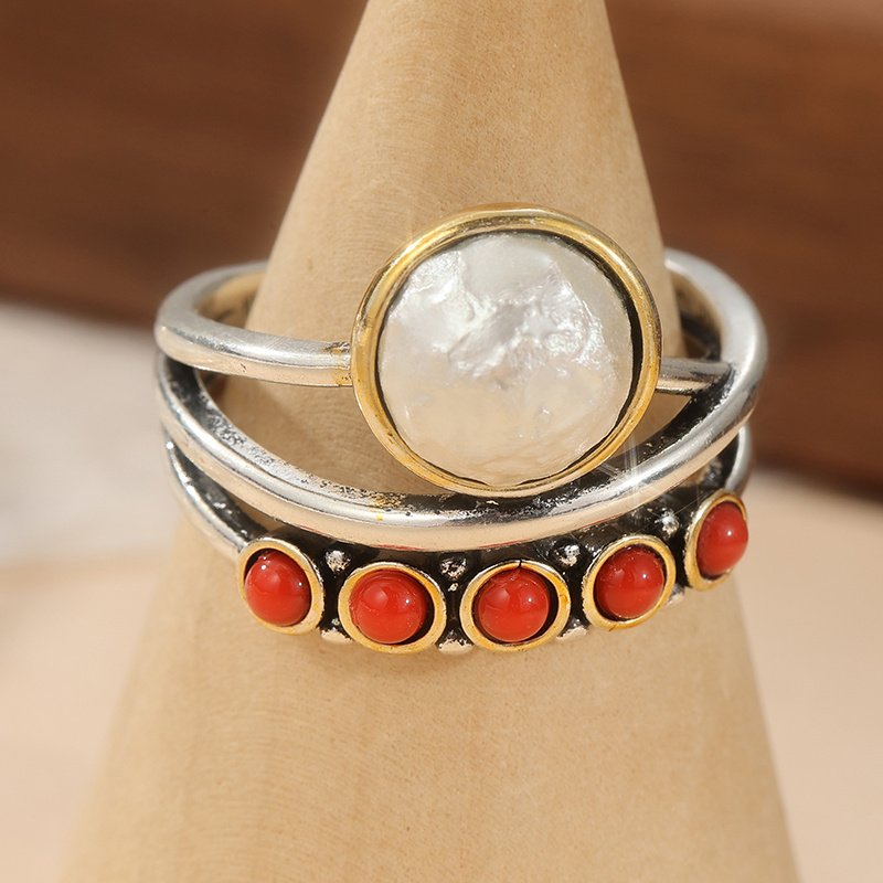 Vintage Red & White Round Bead Copper Ring, Elegant Multi Circle Design
