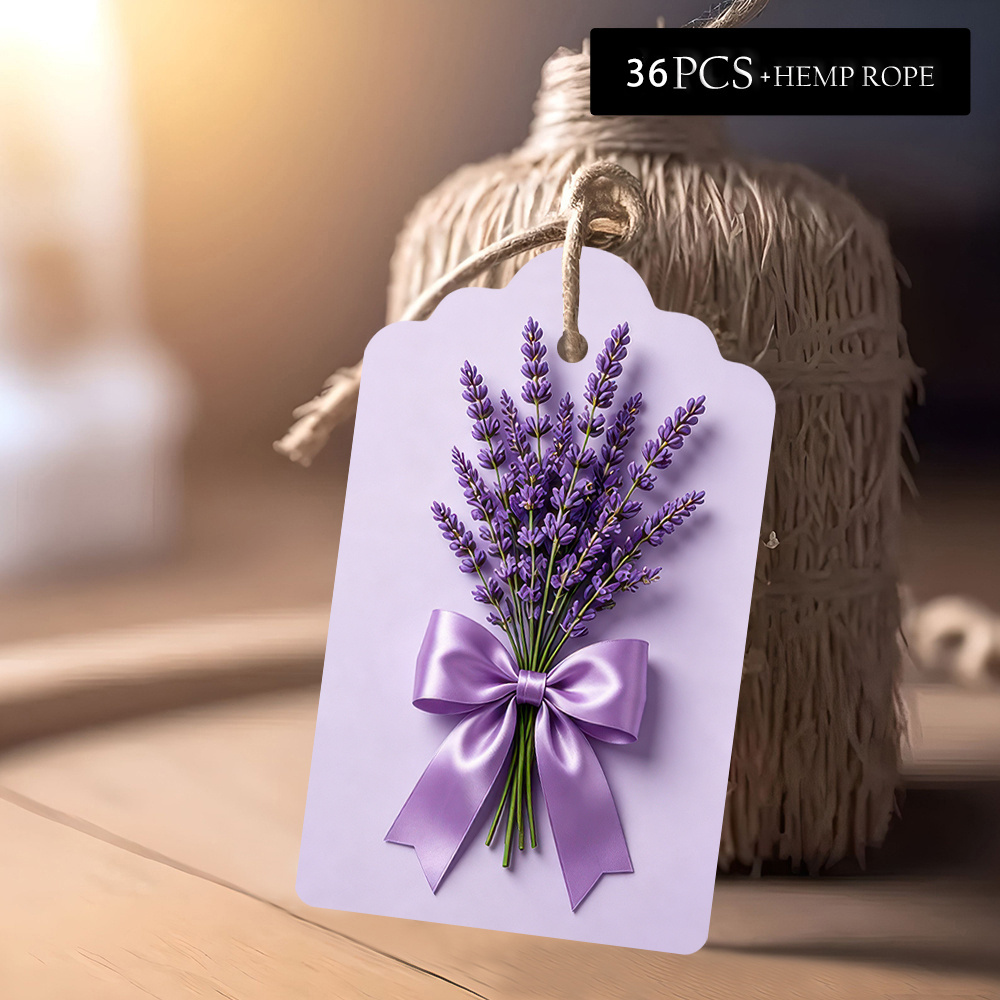 TEMU 36pcs Thank You Floral Tags With Jute Rope, Featuring Purple Lavender Bouquet Bound With Purple Satin Bow In Classic Realistic Design To Convey