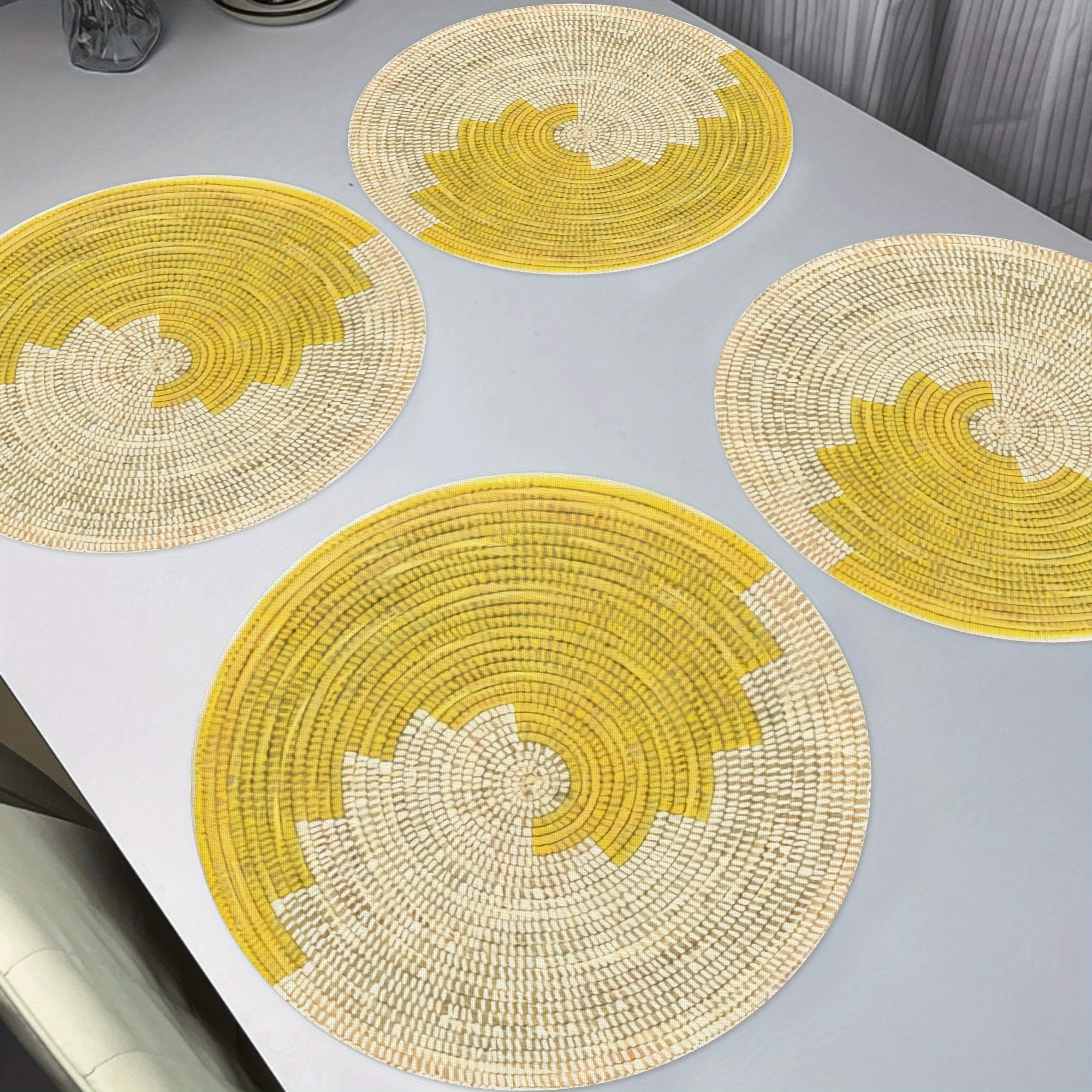 TEMU 4pcs 2d Flat Yellow-white Round Placemats - Elegant Placemats For Mother's Day, Weddings, Parties, And Everyday Dining Table Decor