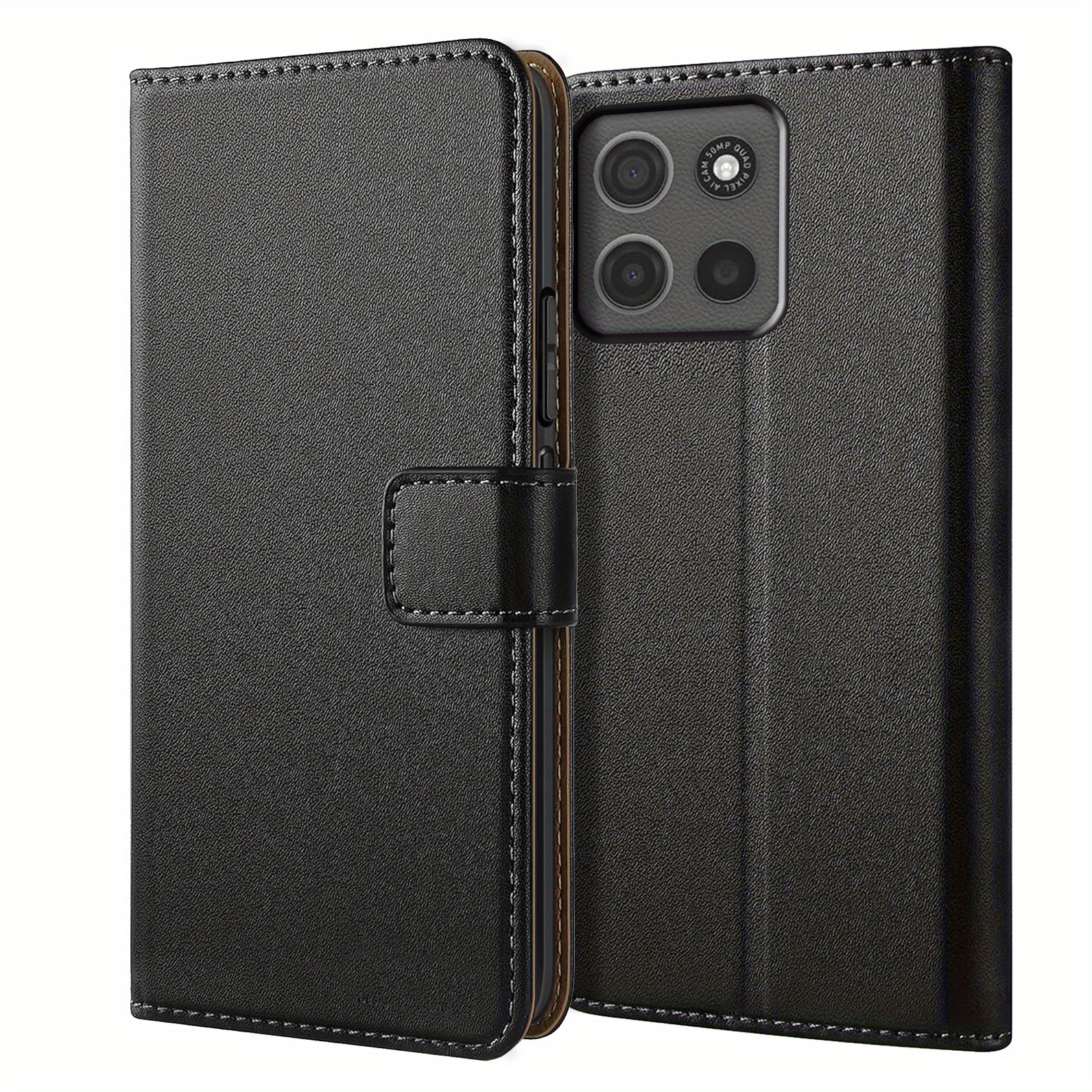 TEMU Phone Case - Black Faux Leather Flip Protective Case Cover For Moto G15, Featuring A Kickstand