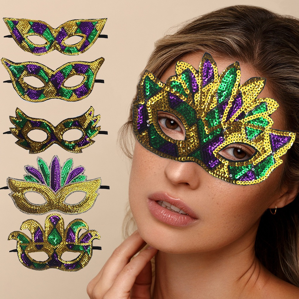 

2pcs Mardi Gras Party Masks - Golden, Sequined Half- With Band For - Ideal For Celebrations & Themed Events, Party Decorations