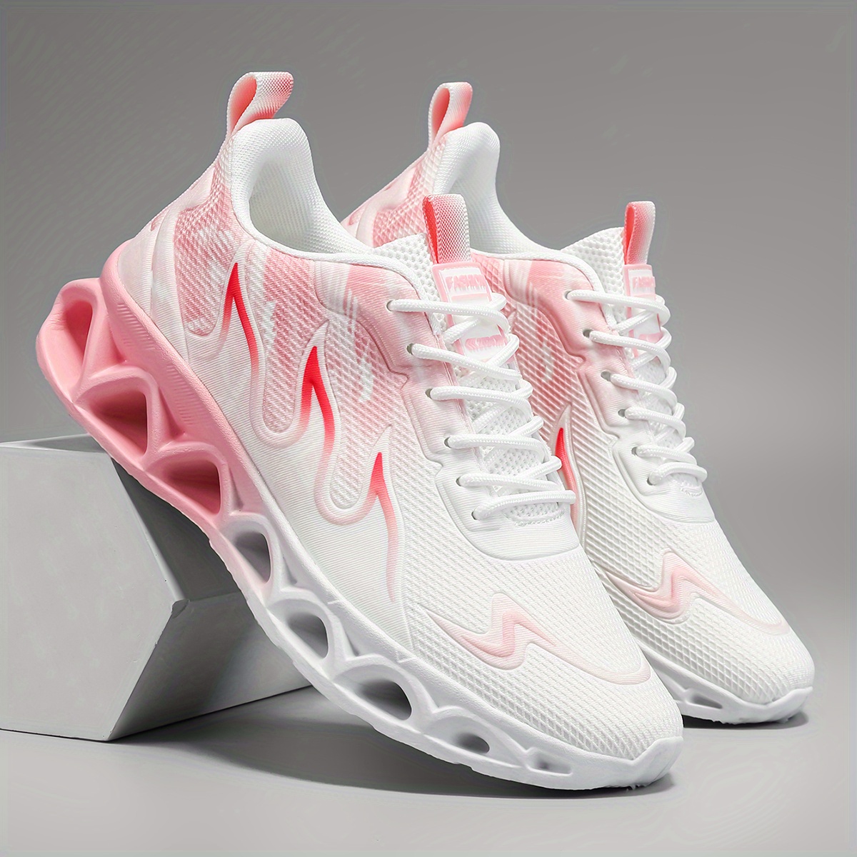 Image of Trendy Woven Knit Breathable Sneakers - Shock-absorbing, Elastic Height-boosting Running Shoes With Blade Sole For Outdoor & , Lace-up, Low- In Black/ Purple/ Pink, Perfect For Spring/ Summer/ Fall