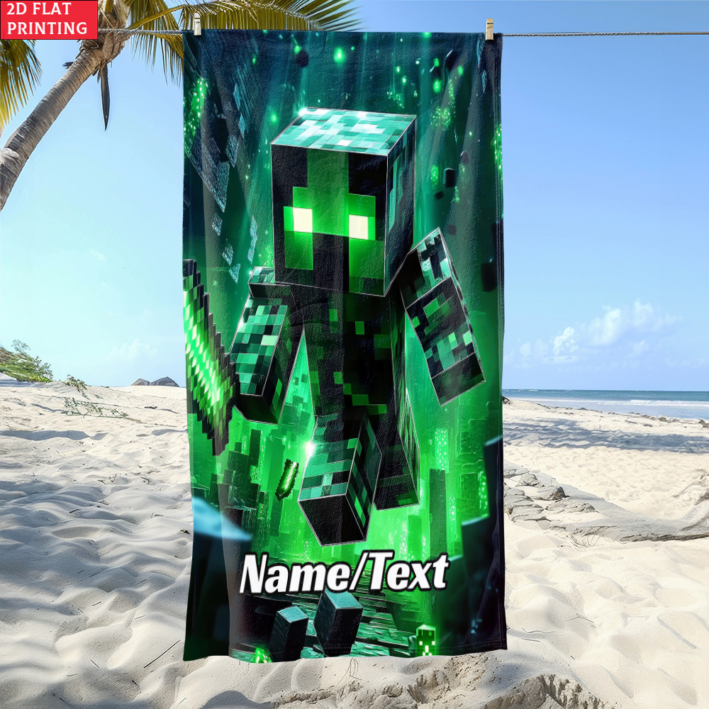 TEMU 1pc Cube Character Custom Name Beach Towel - Soft, Ultra-absorbent Microfiber, Lightweight, Beach, Parties, Travel, Camping - 55x27in/63x31in,