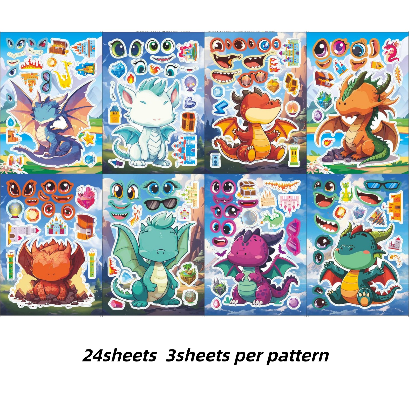 Image of Set Of 24 Dragon Face Transforming Stickers - Design Your Own Dinosaurs, Puzzle Toy For Kids' Cognitive Growth & Imagination - Ideal Christmas Gift For Preschoolers