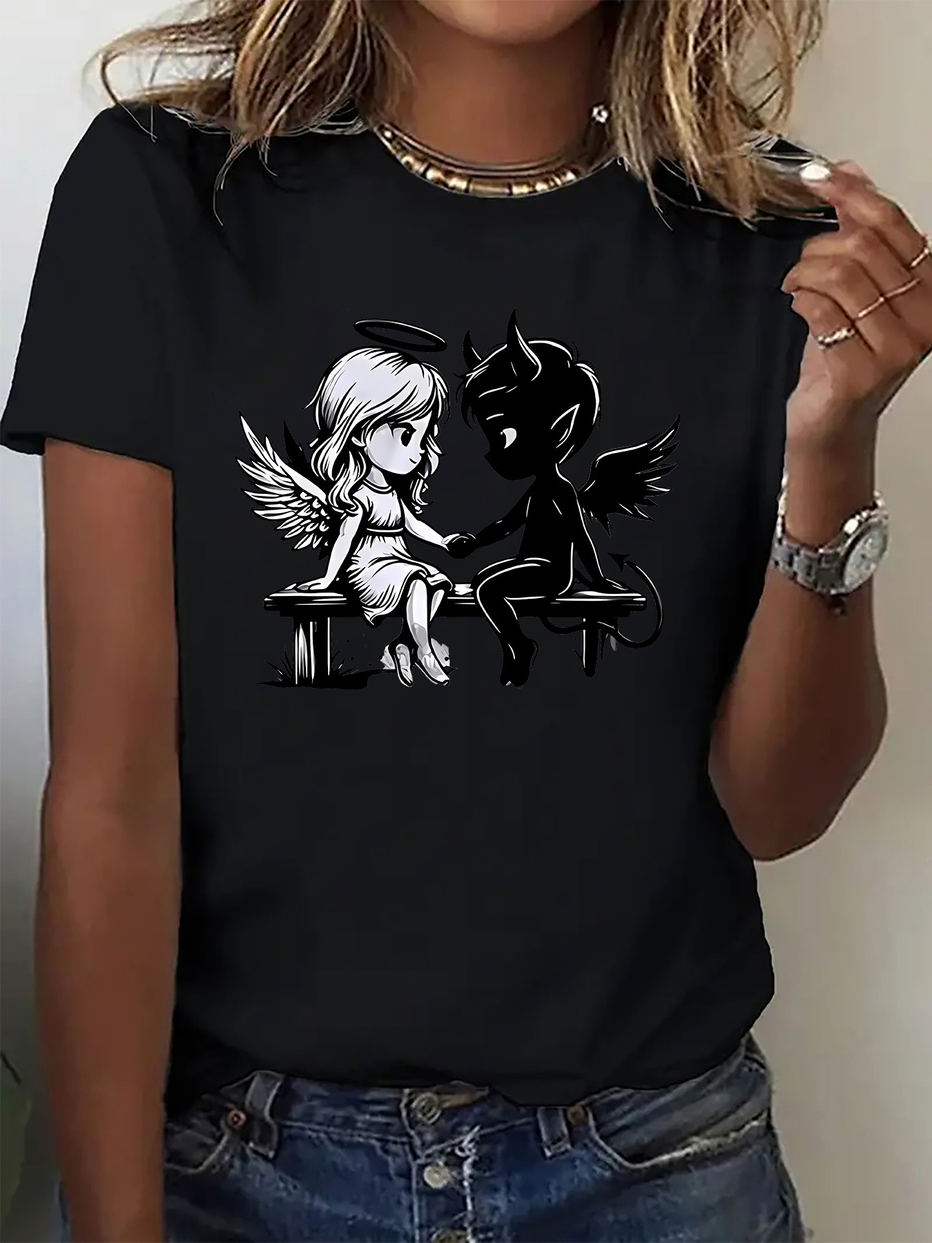 engel &   passende t-shirts für paare/schwestern – weiche, atmungsaktive unisex-kurzarm-t-shirts mit engel- &  -aufdruck,   für laufen, fitnessstudio, partys, geschenk für männer & frauen, freizeitkleidung, ganzjährige outfits (maschinenwaschbar)