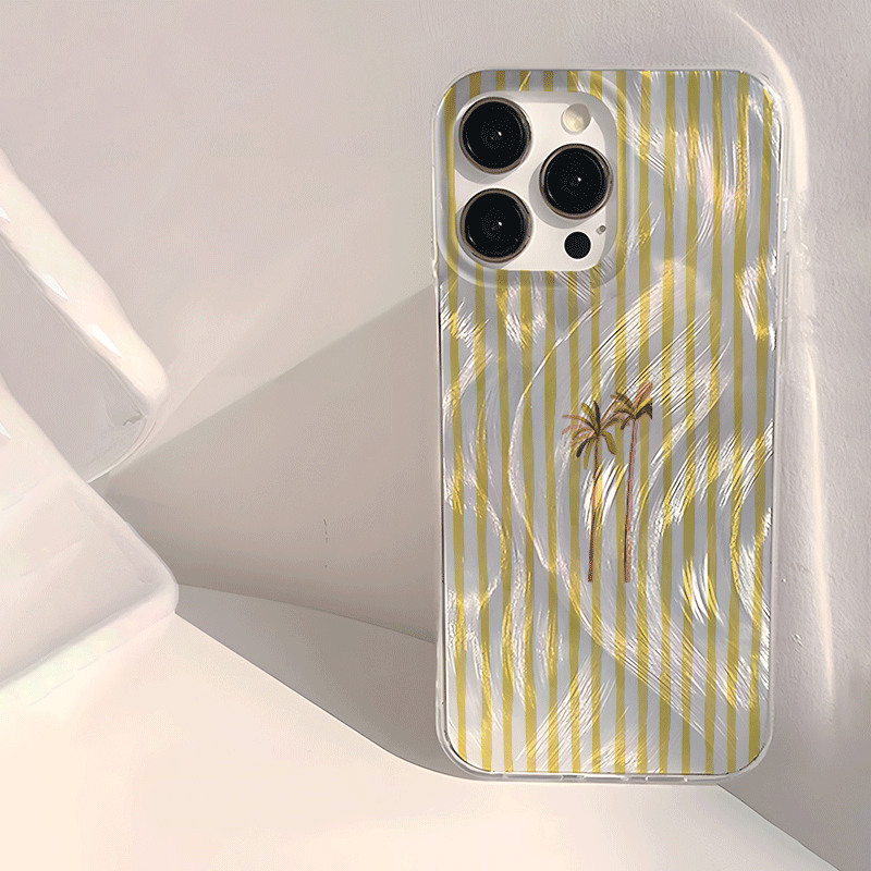 TEMU Phone Case - [2d Printed] Yellow-white Vertical Stripe Palm Tree Pattern Anti-fingerprint Anti-scratch Transparent Soft Glossy Smooth Phone Case