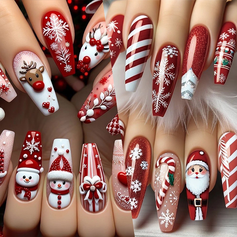 TEMU 48pcs Christmas - Reindeer Snowman Santa Candy Cane Art - Intricate 3d & Glossy Texture - A Must For Holiday Nail Fashion