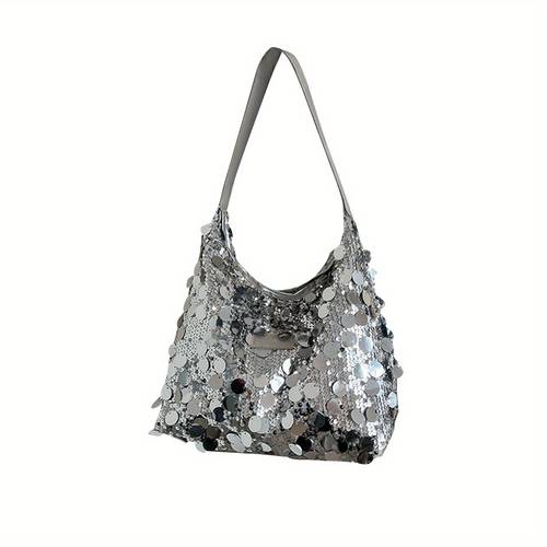 sequin tote bag for women sparkle shoulder hobo bag lightweight handbag with wide strap