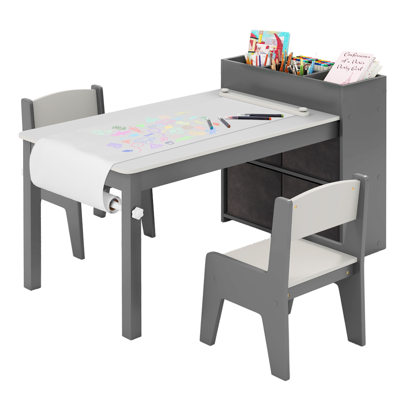 Kids Art Table And Chairs Set | Grey Drawing Table With 2 Chairs, Paper Roll Holder, Storage Compartments, And Open Shelves - Goflame
