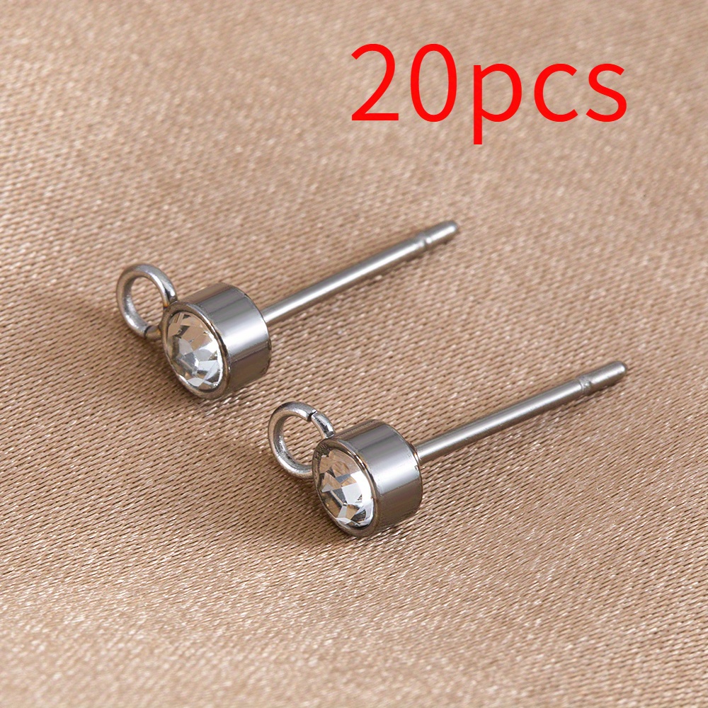 Image of 20pcs Fashion Round Rhinestone-studded Stainless Steel Ear Stud Bases With Pendant Hangers For Ear Drop Jewelry Making