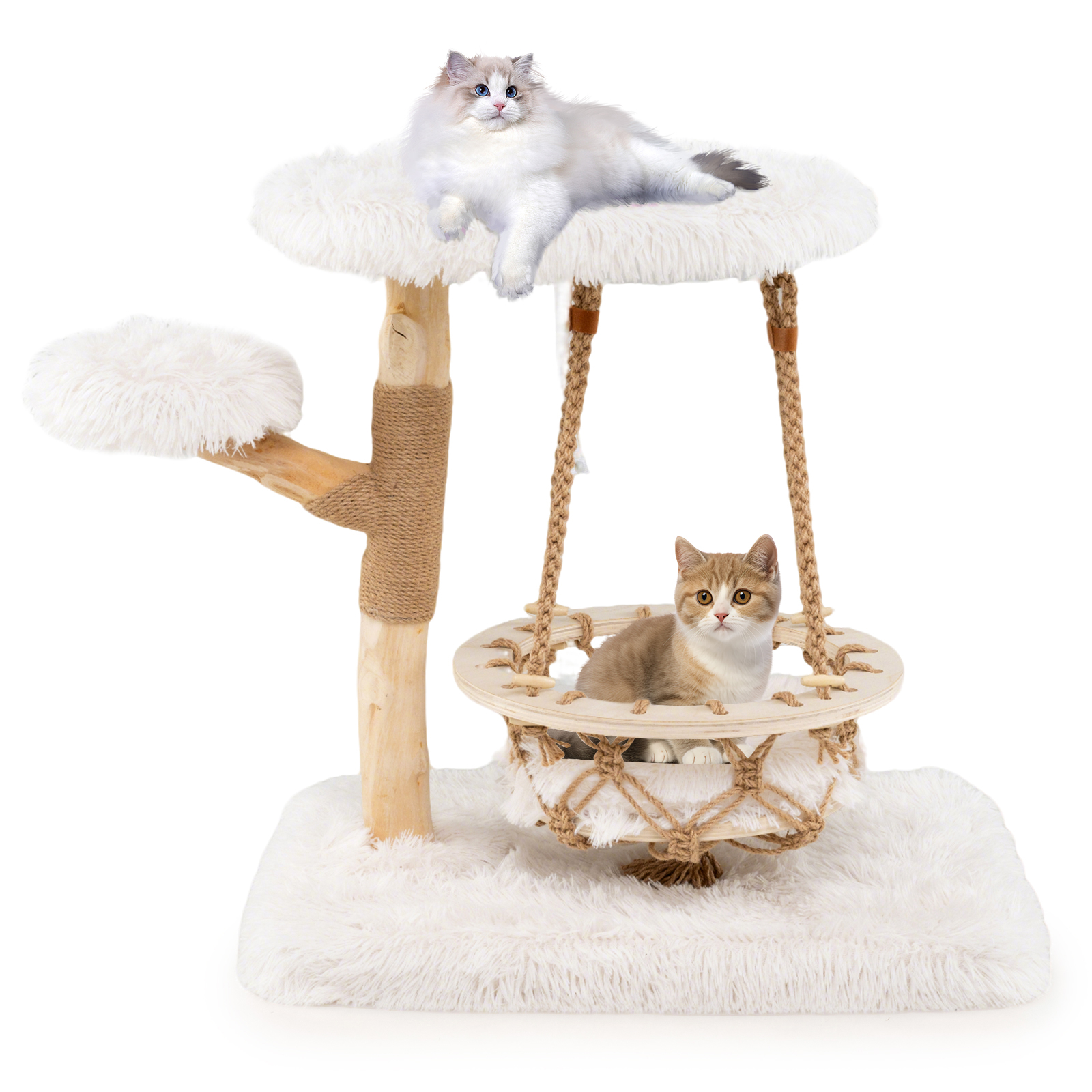 Cute Solid Wood Cat Tree, Natural Branch Modern Kitten Tower W/ Hanging Cradle, Jute Scratching Post, Perch, Padded Platform, Soft Plush