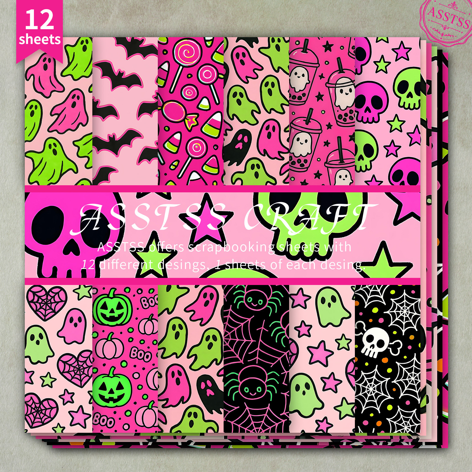 TEMU 12-sheet Asstss 6x6 Inch Scrapbooking Paper Pad, Neon Pink-green Halloween Whimsical Style Backing Paper Supplies, Heavyweight Cardstock For