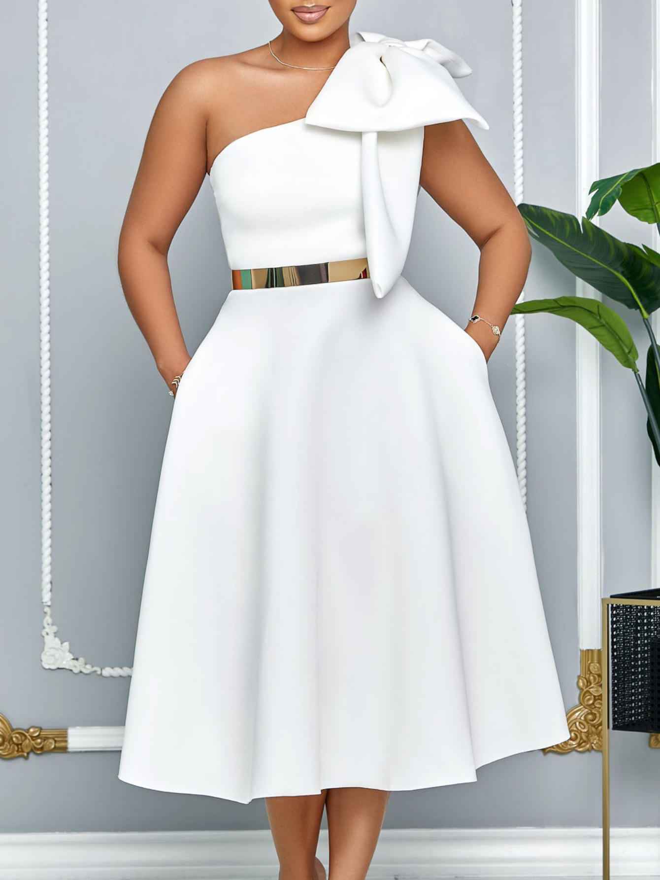 Formal Slanted Shoulder Bodycon Dress Solid Color Tie Waist Dress Summer