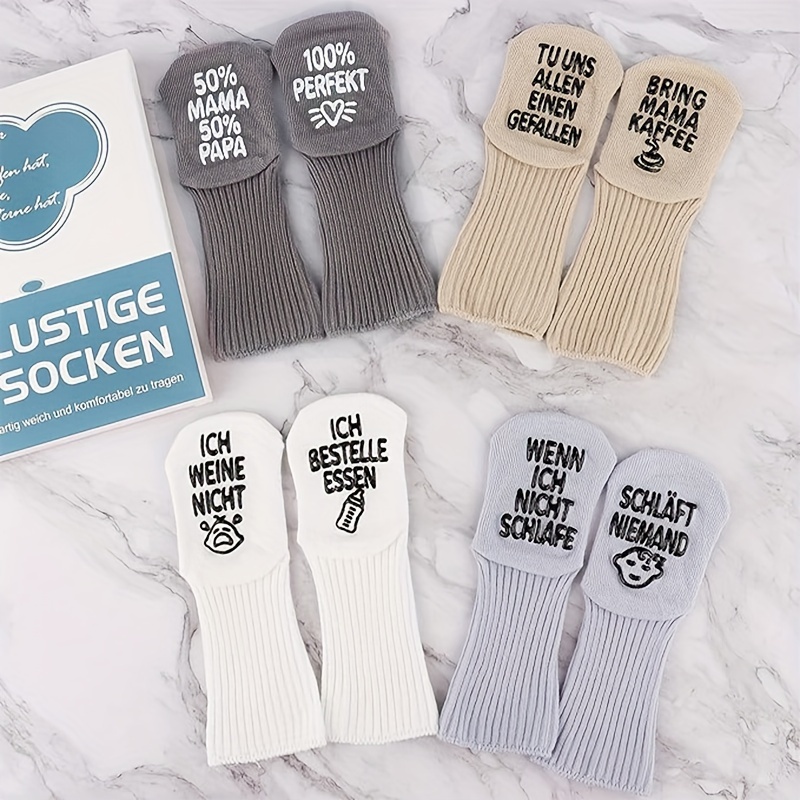Image of 4 Pairs Baby Socks | Fun And Comfortable Anti-slip Socks For 0-12 Month Olds, Novelty Keepsake With Silicone Sole, Knit Fabric, Machine Washable