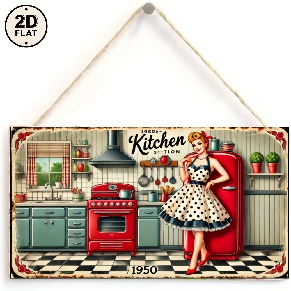 TEMU 2d Flat - A 2d Flat Design, Vintage 1950s Kitchen Wall Decor - Featuring A Mid-century Modern , A Red Stove, And Checkered Flooring - Suitable