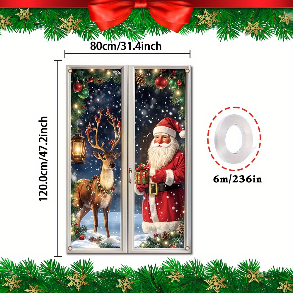 2D Plat, Zelfklevend Kerst Raamvlag met Santa & Rendier - Sneeuwvlokken Vlaggenslinger Met Hulstbessen En Twinkel-Effect, Duurzame Binnen/Buiten Feestdecoratie voor Deuren, Partijtjes en Huizen (Makkelijk Afpelbaar), 2D Flat, 1 Stuk
