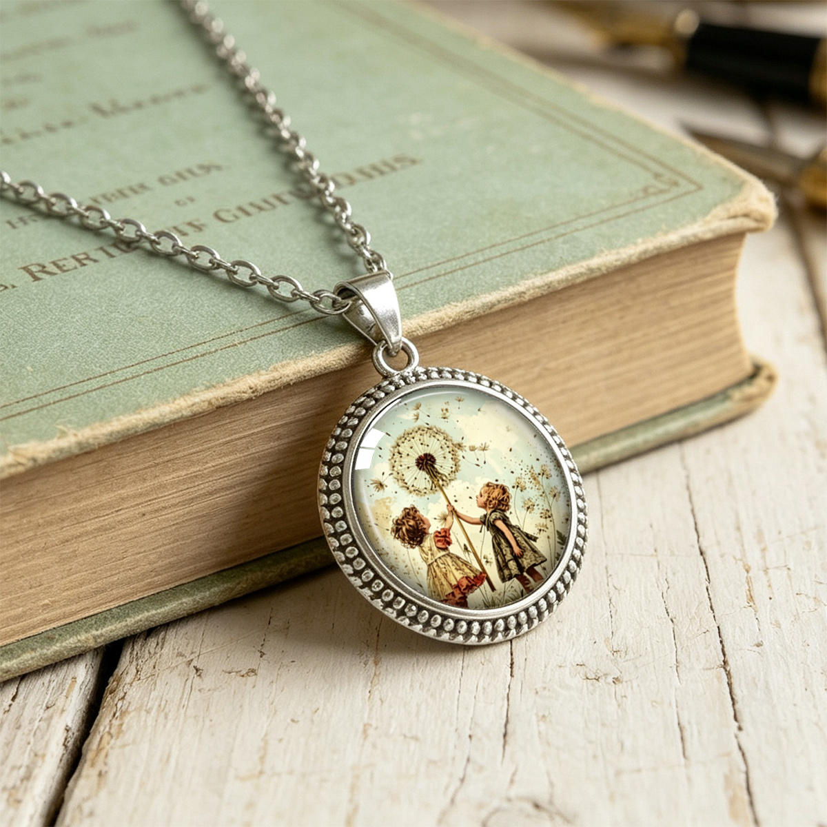 Nostalgic Dandelion Art Print Round Pendant Necklace
