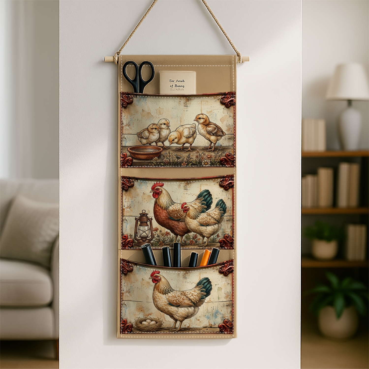 TEMU 2d Printed 1pc Vintage Rustic Farmhouse Hanging Storage Bag Featuring A Chicken , A . This Fabric Organizer Is Ideal For Storing Additions,