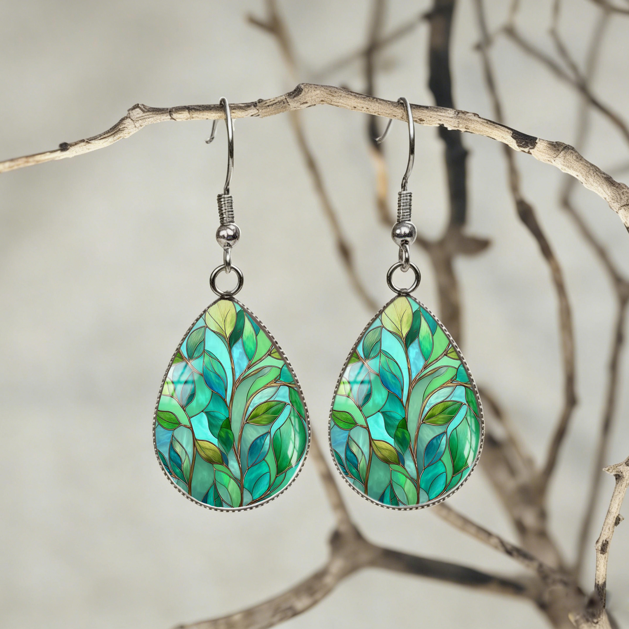TEMU Stained Glass Leaf Glass & Stainless Steel Teardrop Earrings, Unisex Boho Botanical Dangle Earrings, Plant Lover Jewelry Gift, Birthdaychristmas