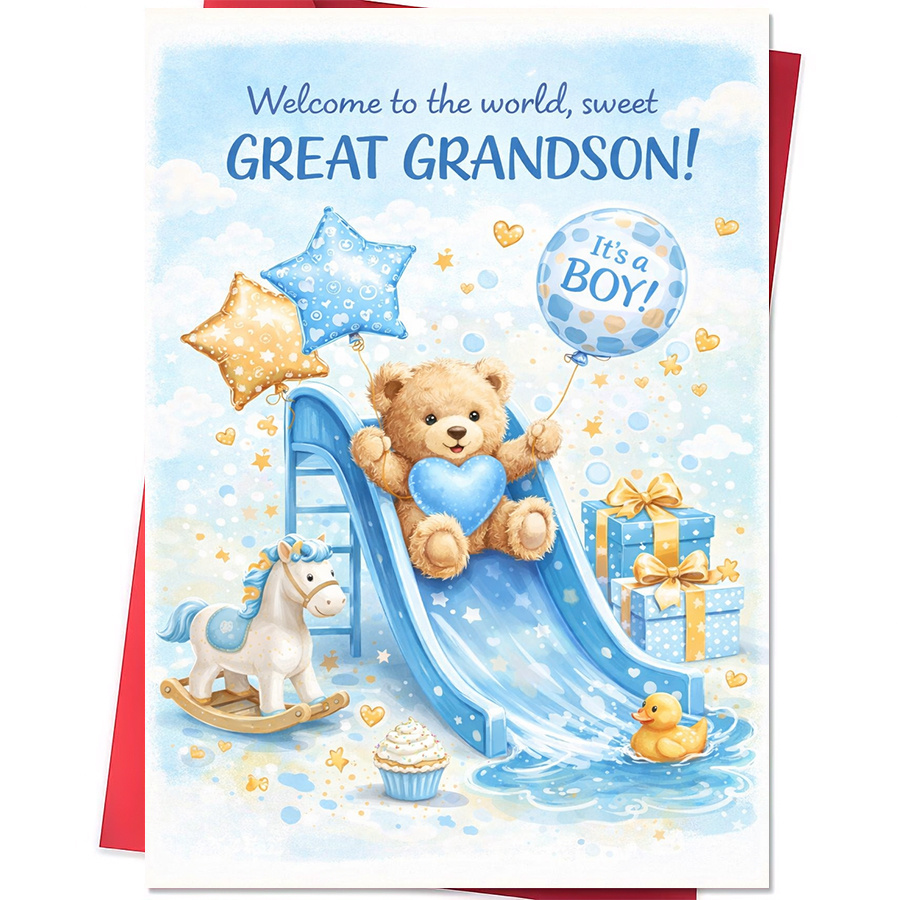 TEMU 1pc Newborn Announcement Card Suitable For Great Grandparents - Teddy Bear Slide & Balloons With Greeting Card & Envelope, New Grandson Gift For