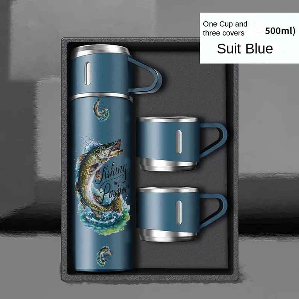 Image of 1pc 16.9oz Vacuum Insulated Bottle Set, 304 Stainless Steel Thermal With 3 Cups, Leak-proof Fishing Pattern Water Bottle For Drinks, Ideal For Travel, Office, Outdoor Activities