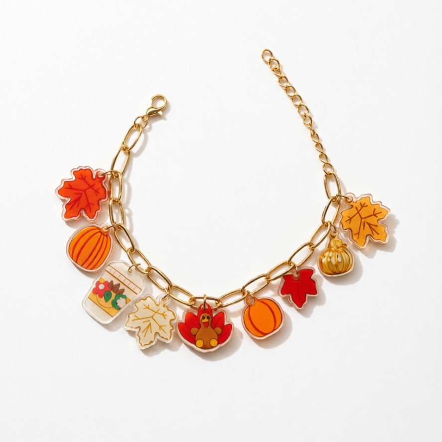 TEMU Bracelet de breloques d'automne pour Thanksgiving en acrylique, chaîne de papillon en or avec breloques de , citrouille, feuille d'érable, joli
